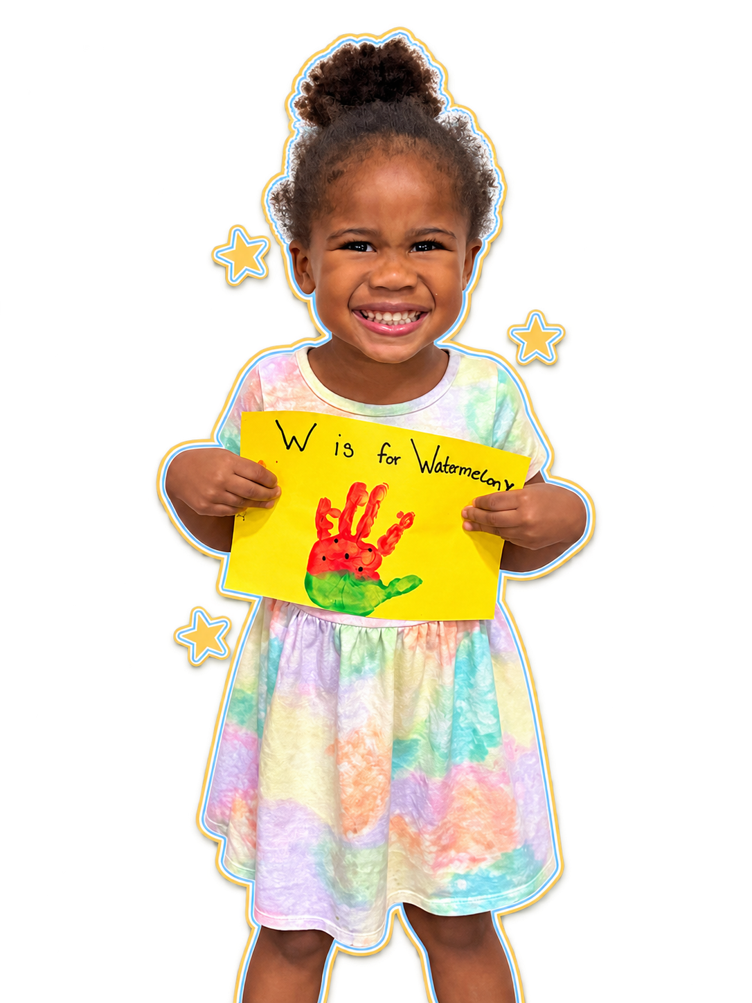 Smiling young child holding her W is for Watermelon handprint artwork