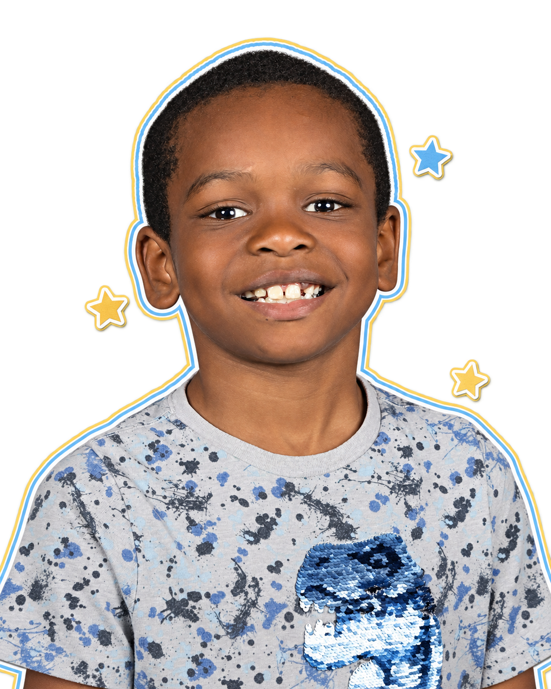 Smiling child wearing a dinosaur shirt with blue-and-gold star accents